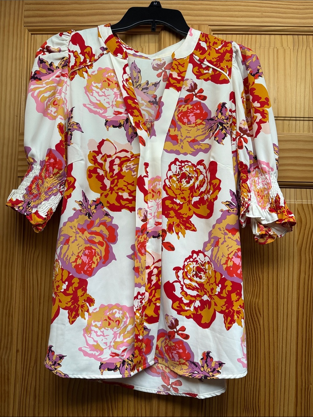 Floral Puff-Sleeve V-Neck Blouse - White with Pink & Orange Floral